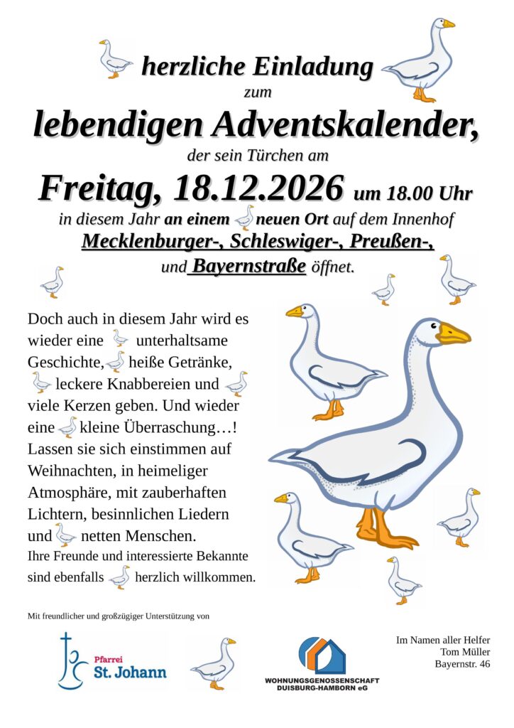Einladungsflyer zum Lebendigen Adventskalender am 18.12.2026 im Innenhof von Tom Müller in Duisburg Röttgersbach. 